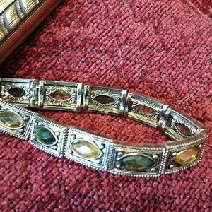Antiqued Silery Bracelet with Green/Yellow Stones